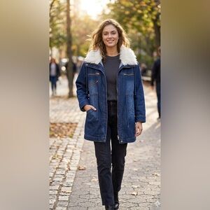 Denim Parka with Faux Fur Collar - Blue